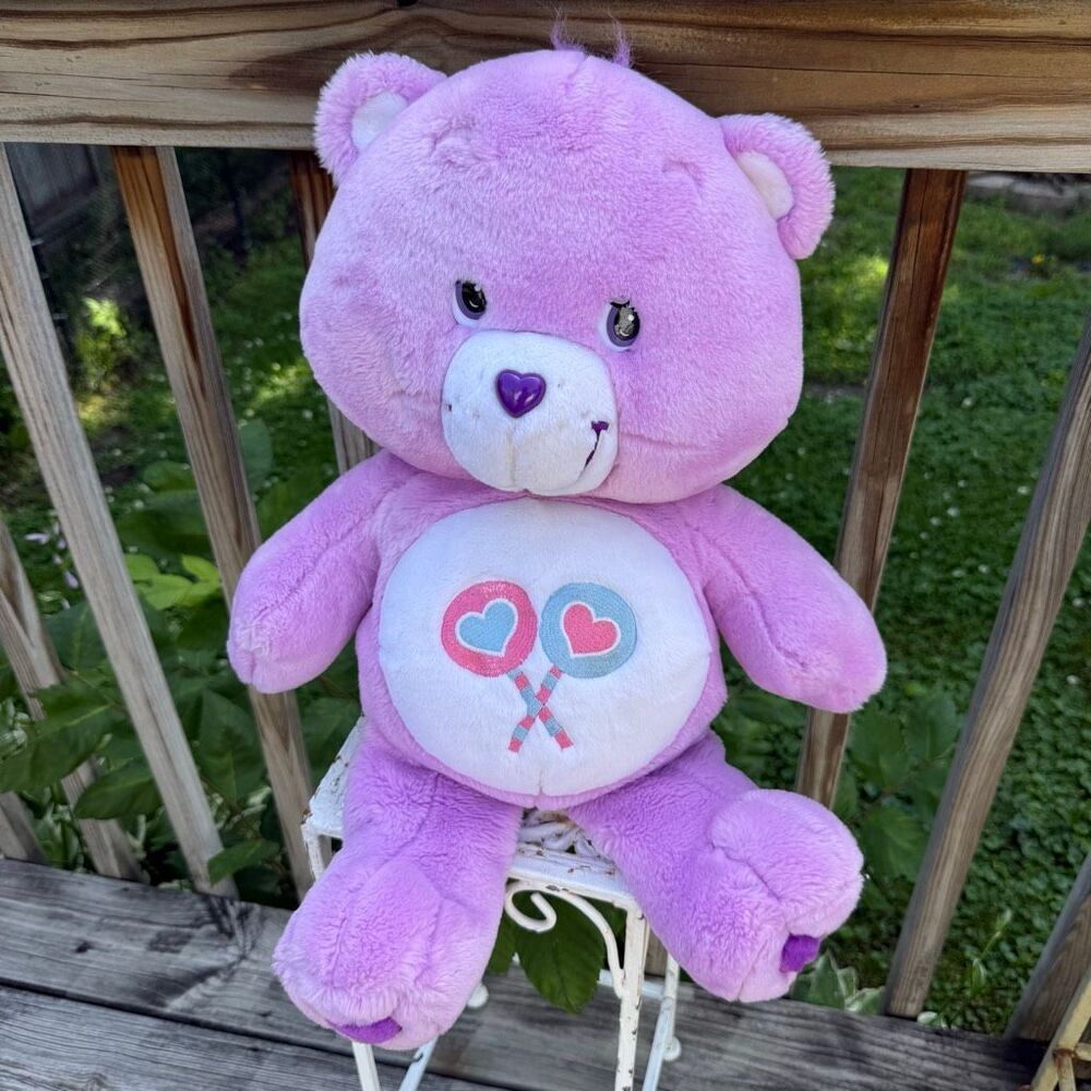 Vintage Care Bears Share Bear 19” Plush Pink Purple Hearts Lollipops Stuffed Ani